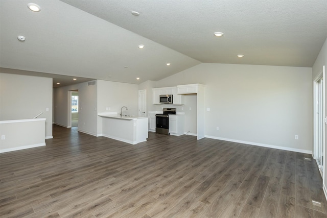 6570 NE 11th Ct, Des Moines, IA 50313 - unfurnished living room with a sink, wood finished floors, vaulted ceiling, baseboards, and recessed lighting