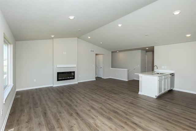 6570 NE 11th Ct, Des Moines, IA 50313 - unfurnished living room with a sink, dark wood-style flooring, vaulted ceiling, baseboards, and a glass covered fireplace