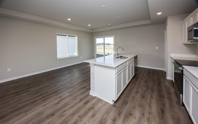 kitchen with sink, appliances with stainless steel finishes, an island with sink, white cabinets, and dark hardwood / wood-style flooring