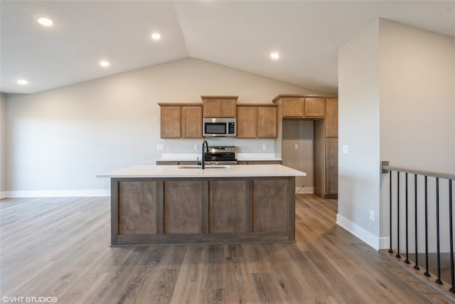 kitchen with hardwood / wood-style floors, sink, vaulted ceiling, and appliances with stainless steel finishes