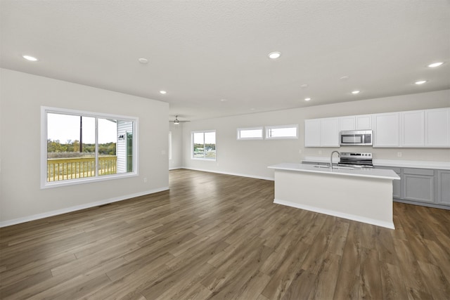 kitchen with sink, dark wood-type flooring, appliances with stainless steel finishes, and ceiling fan