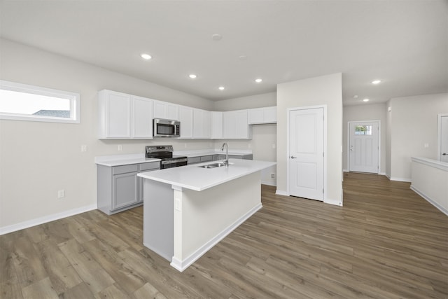 kitchen featuring light hardwood / wood-style floors, appliances with stainless steel finishes, sink, and a center island with sink