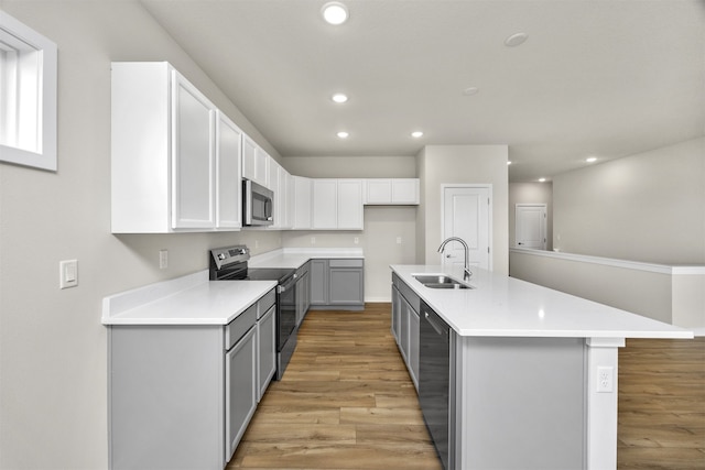 kitchen with an island with sink, light hardwood / wood-style flooring, sink, gray cabinets, and stainless steel appliances