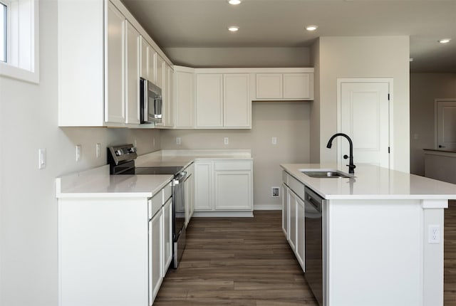 kitchen featuring sink, white cabinets, stainless steel appliances, and a center island with sink