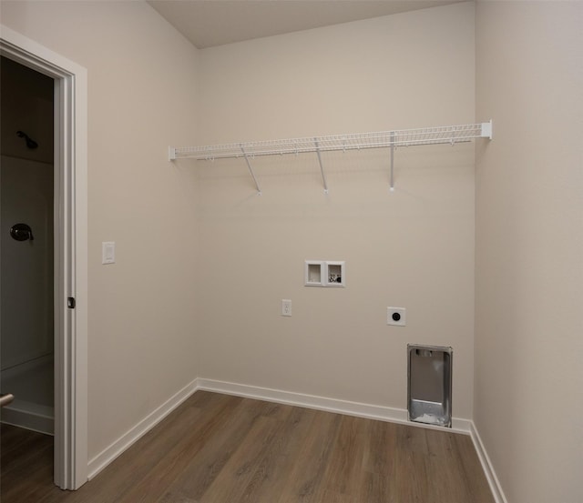 laundry room featuring electric dryer hookup, dark hardwood / wood-style flooring, and washer hookup