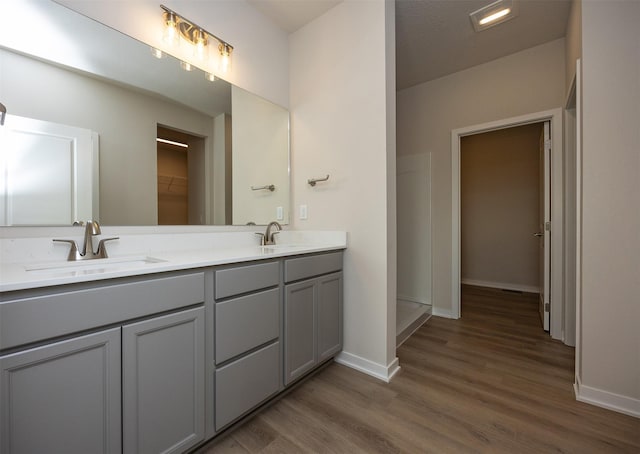 bathroom with hardwood / wood-style floors and vanity