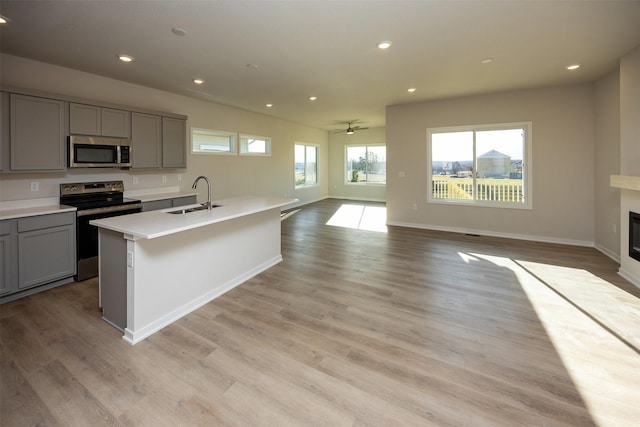 kitchen with a kitchen island with sink, sink, gray cabinets, light wood-type flooring, and appliances with stainless steel finishes