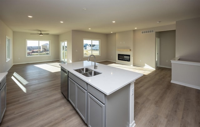 kitchen featuring gray cabinets, a kitchen island with sink, sink, and plenty of natural light