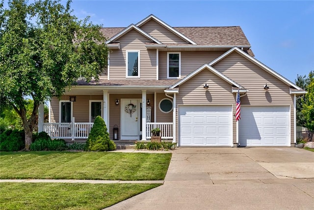 view of front of home with a garage, a front yard, and covered porch