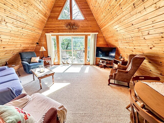 1126 Lakeshore Dr, Brooklyn, IA 52211 - living room featuring wooden walls, lofted ceiling, carpet floors, and wood ceiling