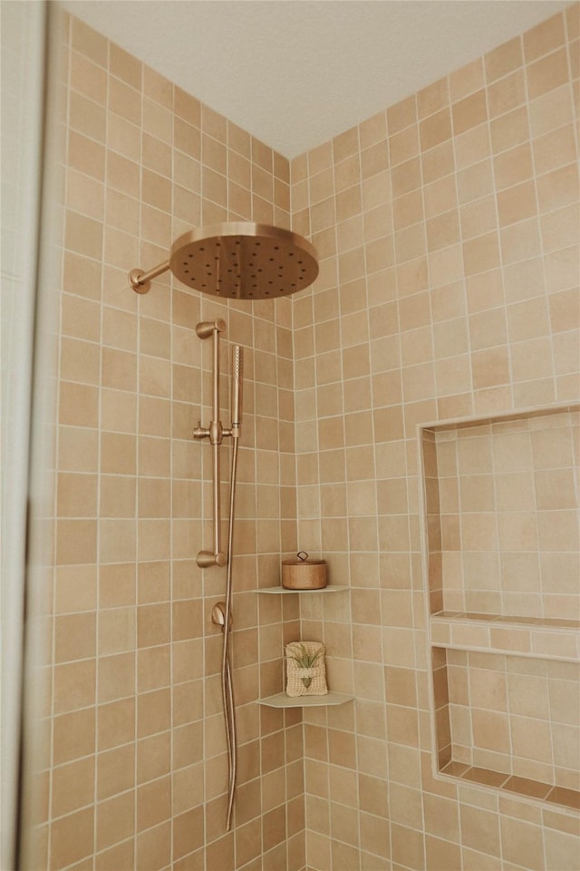 interior details featuring a tile shower