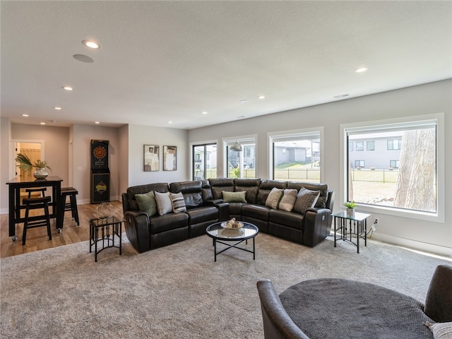 living room featuring a textured ceiling and light hardwood / wood-style flooring