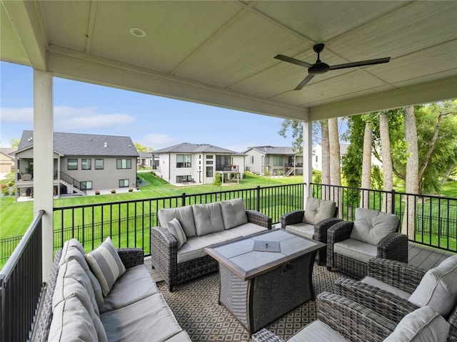 view of patio with ceiling fan and an outdoor hangout area