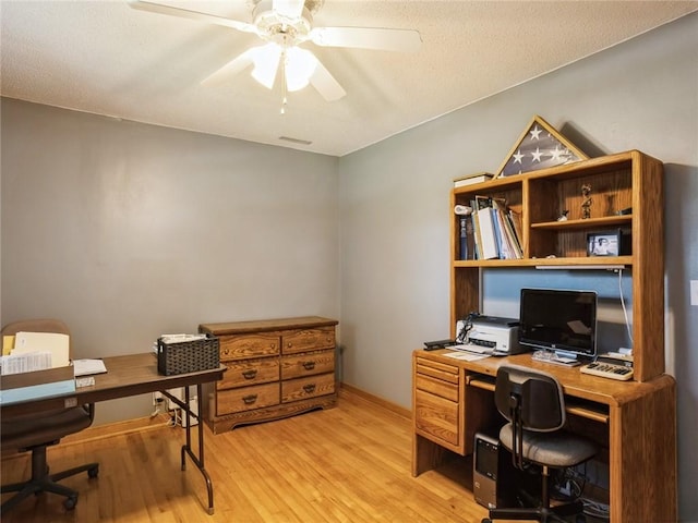 home office with ceiling fan and light wood-type flooring