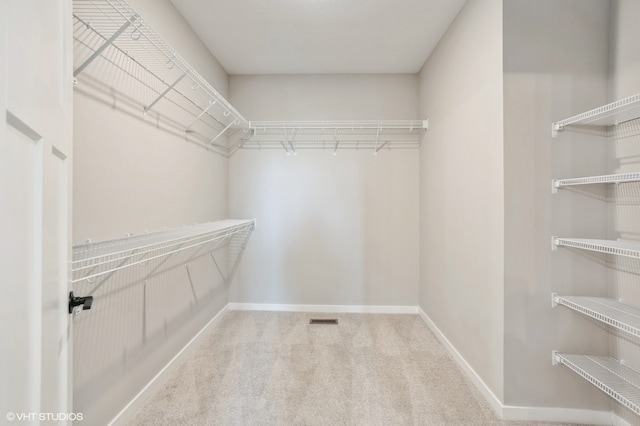 walk in closet with light colored carpet