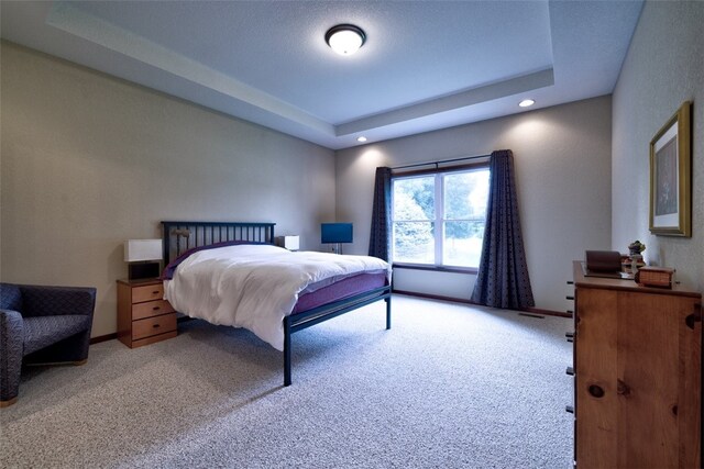 carpeted bedroom with a tray ceiling