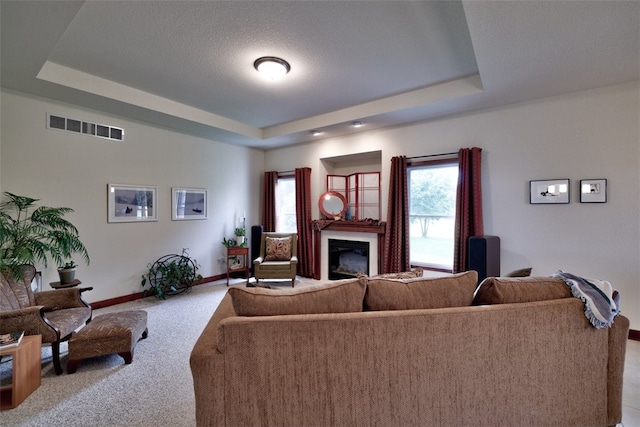 carpeted living room featuring a tray ceiling