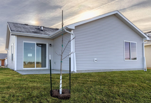 back of property with a yard and a patio area