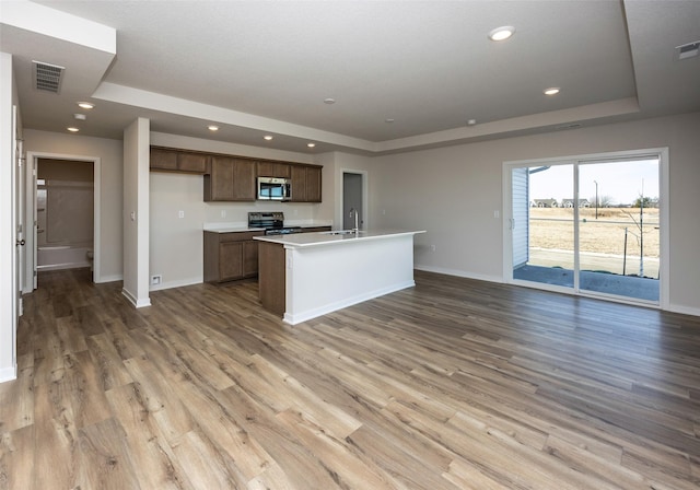 kitchen featuring a tray ceiling, light hardwood / wood-style flooring, stainless steel appliances, and an island with sink