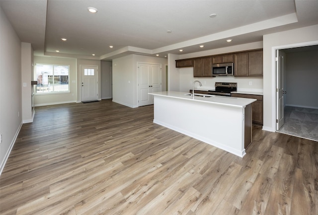 kitchen with sink, a kitchen island with sink, stainless steel appliances, a tray ceiling, and light hardwood / wood-style floors