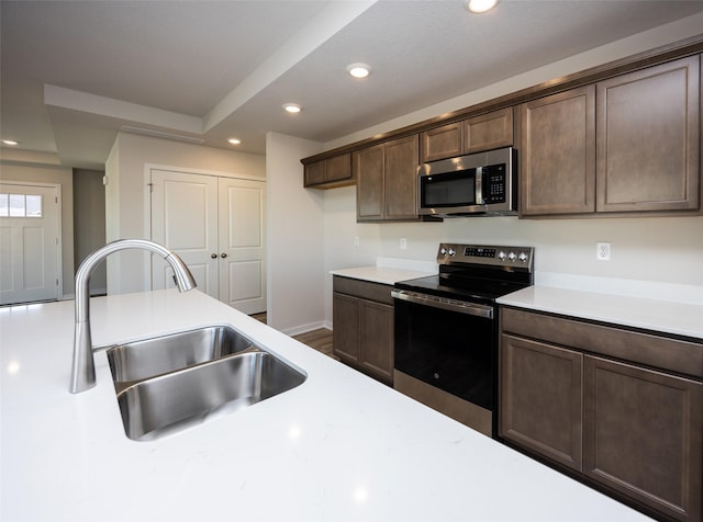 kitchen featuring sink, dark brown cabinets, hardwood / wood-style floors, and appliances with stainless steel finishes