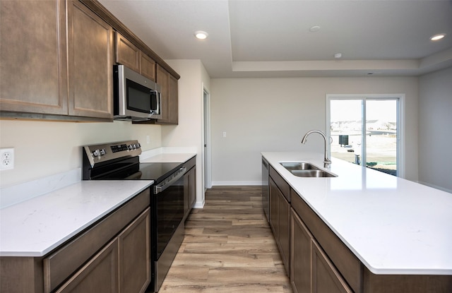 kitchen with sink, light wood-type flooring, appliances with stainless steel finishes, a tray ceiling, and a kitchen island with sink