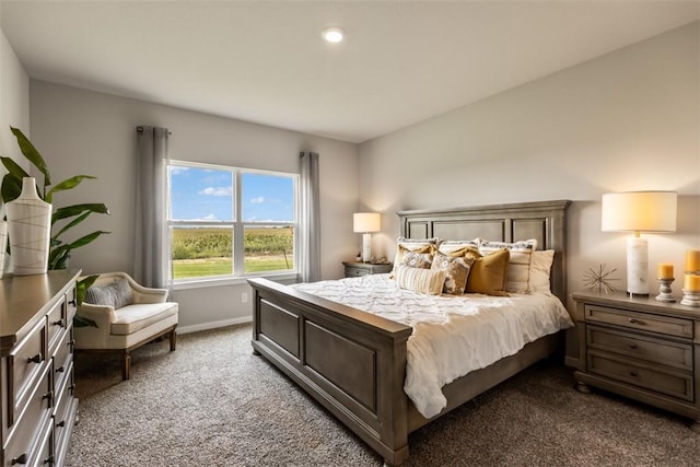 bedroom featuring dark colored carpet