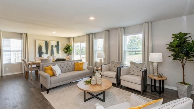 living room with a healthy amount of sunlight and dark hardwood / wood-style floors