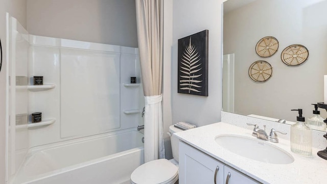 full bathroom featuring vanity, shower / bathtub combination with curtain, and toilet