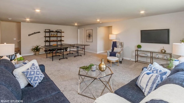 living room featuring light colored carpet