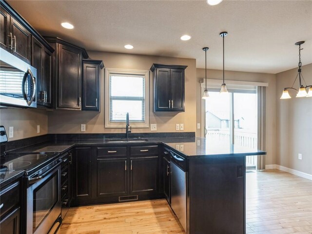 kitchen with sink, light hardwood / wood-style flooring, stainless steel appliances, and a healthy amount of sunlight