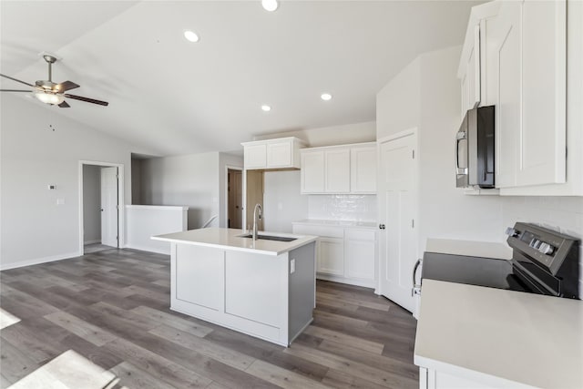 kitchen with a ceiling fan, lofted ceiling, tasteful backsplash, a sink, and stainless steel appliances
