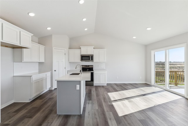 kitchen featuring a kitchen island with sink, stainless steel appliances, vaulted ceiling, and wood finished floors
