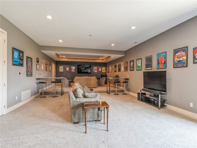 living room featuring light carpet and a raised ceiling