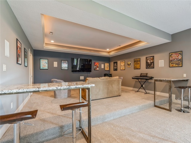 carpeted living room with a textured ceiling and a tray ceiling