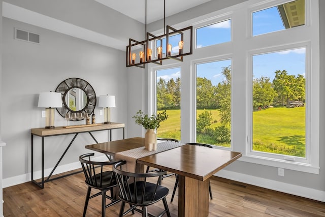 dining area featuring an inviting chandelier, a healthy amount of sunlight, and hardwood / wood-style flooring