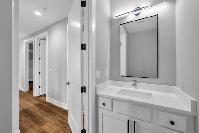 bathroom with vanity and wood-type flooring