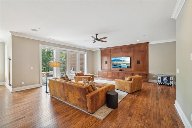 4701 150th St, Urbandale, IA 50323 - living area featuring wood-type flooring, a ceiling fan, ornamental molding, baseboards, and recessed lighting