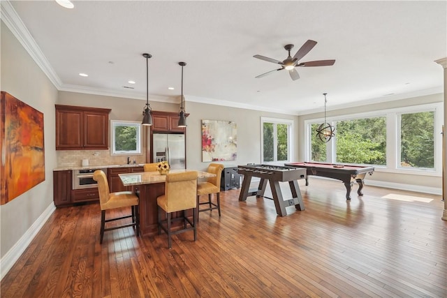 4701 150th St, Urbandale, IA 50323 - game room featuring dark wood finished floors, billiards table, a ceiling fan, baseboards, and recessed lighting