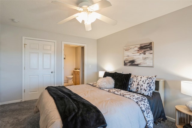 bedroom featuring ensuite bath, a ceiling fan, baseboards, and carpet floors