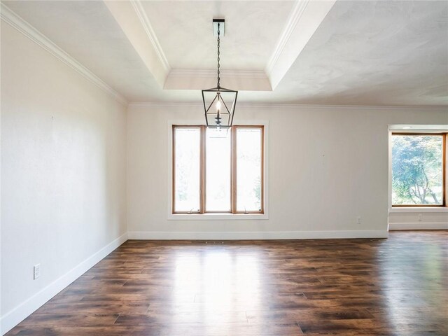 unfurnished room featuring crown molding, dark wood-type flooring, and a tray ceiling