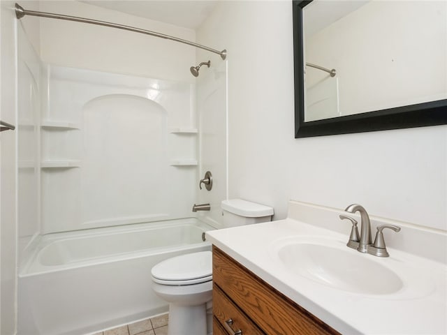 full bathroom featuring vanity, washtub / shower combination, tile patterned flooring, and toilet