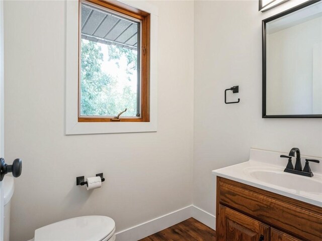 bathroom with a wealth of natural light, vanity, wood-type flooring, and toilet