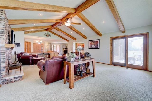 carpeted living room featuring brick wall, ceiling fan, a brick fireplace, and lofted ceiling with beams