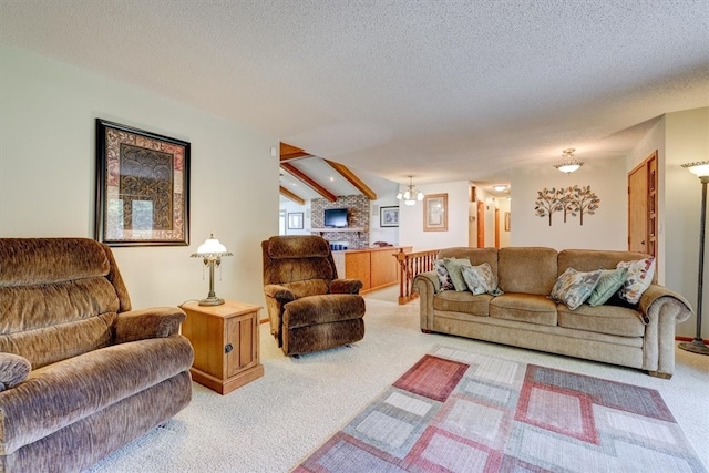 carpeted living room with beamed ceiling and a textured ceiling