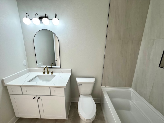 full bathroom featuring vanity, tile patterned flooring, toilet, and washtub / shower combination