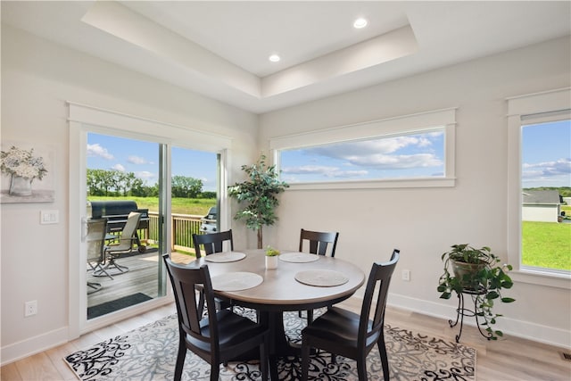 dining space with a raised ceiling, plenty of natural light, and light hardwood / wood-style floors