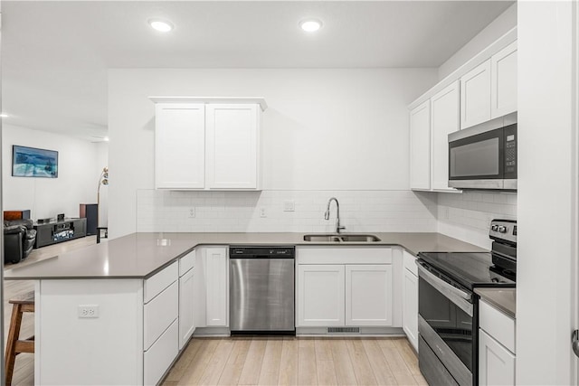 kitchen featuring appliances with stainless steel finishes, kitchen peninsula, sink, and white cabinets