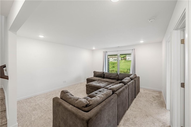 living room featuring light carpet