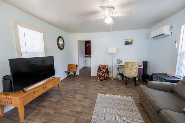 living room featuring ceiling fan, a wall mounted air conditioner, and dark hardwood / wood-style flooring